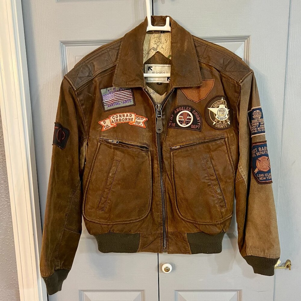 Vintage Leather Bomber Flight Jacket w/Patches